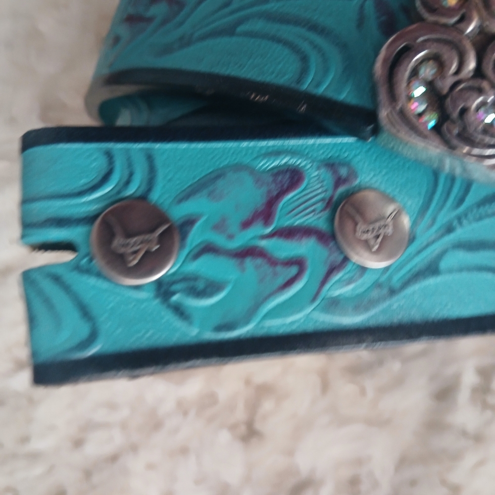 💎 VACCARI Women's Turquoise Tooled Leather Belt NO BUCKLE - Picture 9 of 11